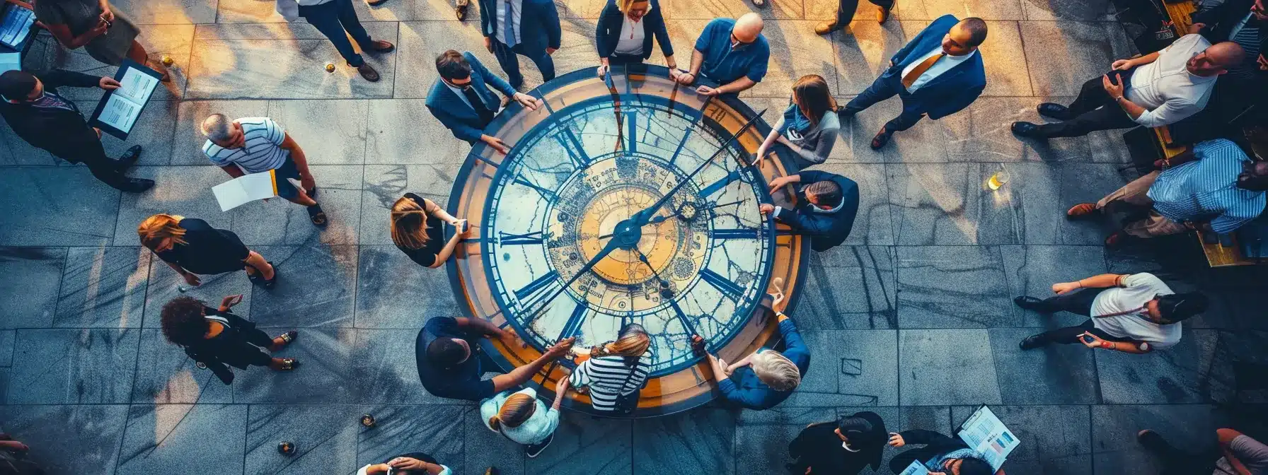 a diverse group of professionals gathered around a world clock, planning meeting times to accommodate different time zones and maximize participation. a diverse group of professionals gathered around a world clock, planning meeting times to accommodate different time zones and maximize participation.