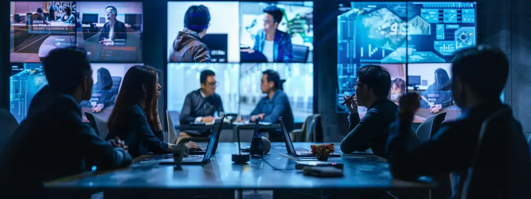 a team of individuals sitting around a virtual conference table, screens glowing with different time zones, highlighting the challenges of international collaboration. a team of individuals sitting around a virtual conference table, screens glowing with different time zones, highlighting the challenges of international collaboration.