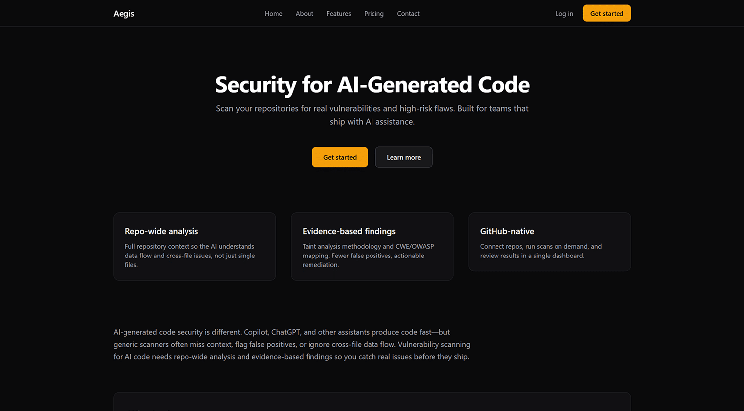 Aegis Security for AI-Generated Code website